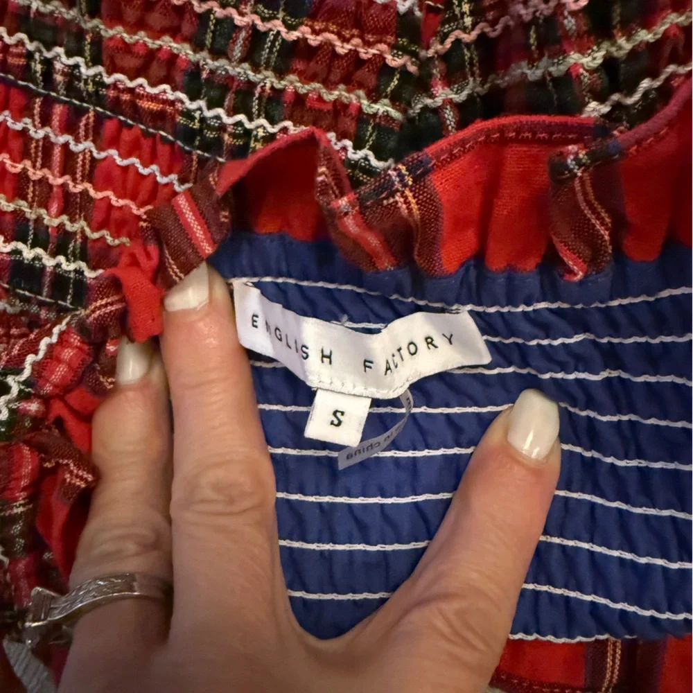 English Factory Red & Navy Smocked Tartan Tiered Ruffle Hem Skirt/top. Sz small - Picture 12 of 14